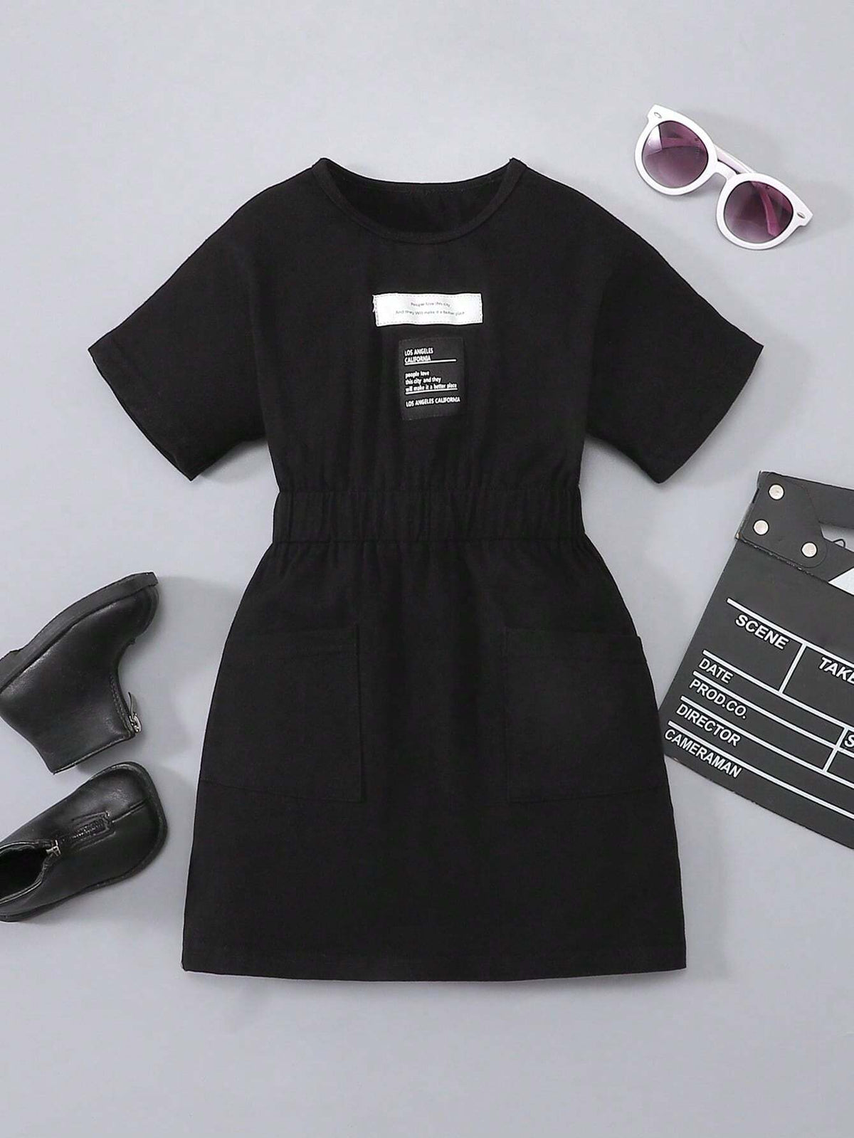 Girls' Knit Short Sleeve Round Neck Dress With Letter Slogan & Checked Waistband, Casual Street Style, Spring/Summer