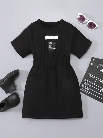Girls' Knit Short Sleeve Round Neck Dress With Letter Slogan & Checked Waistband, Casual Street Style, Spring/Summer