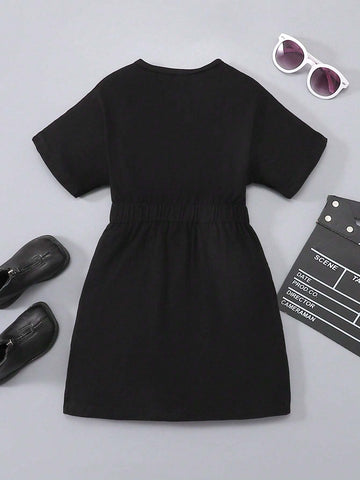 Girls' Knit Short Sleeve Round Neck Dress With Letter Slogan & Checked Waistband, Casual Street Style, Spring/Summer