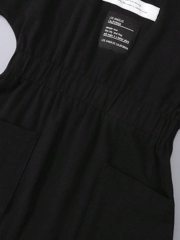 Girls' Knit Short Sleeve Round Neck Dress With Letter Slogan & Checked Waistband, Casual Street Style, Spring/Summer