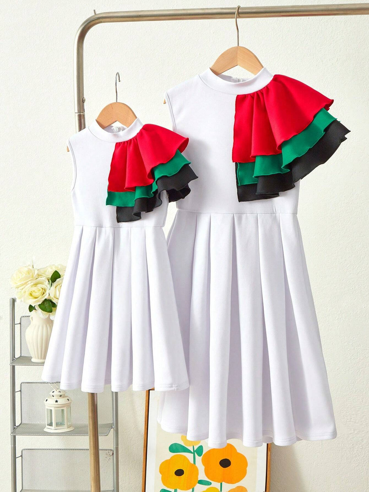 Girls Knit Stand Collar Patchwork Colorblock Ruffle Hem Bodycon Casual Dress