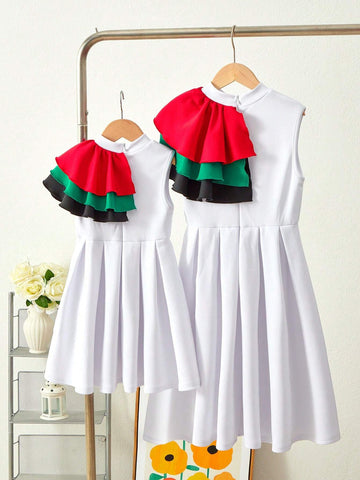 Girls Knit Stand Collar Patchwork Colorblock Ruffle Hem Bodycon Casual Dress