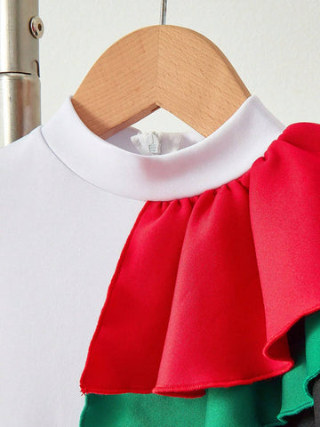 Girls Knit Stand Collar Patchwork Colorblock Ruffle Hem Bodycon Casual Dress