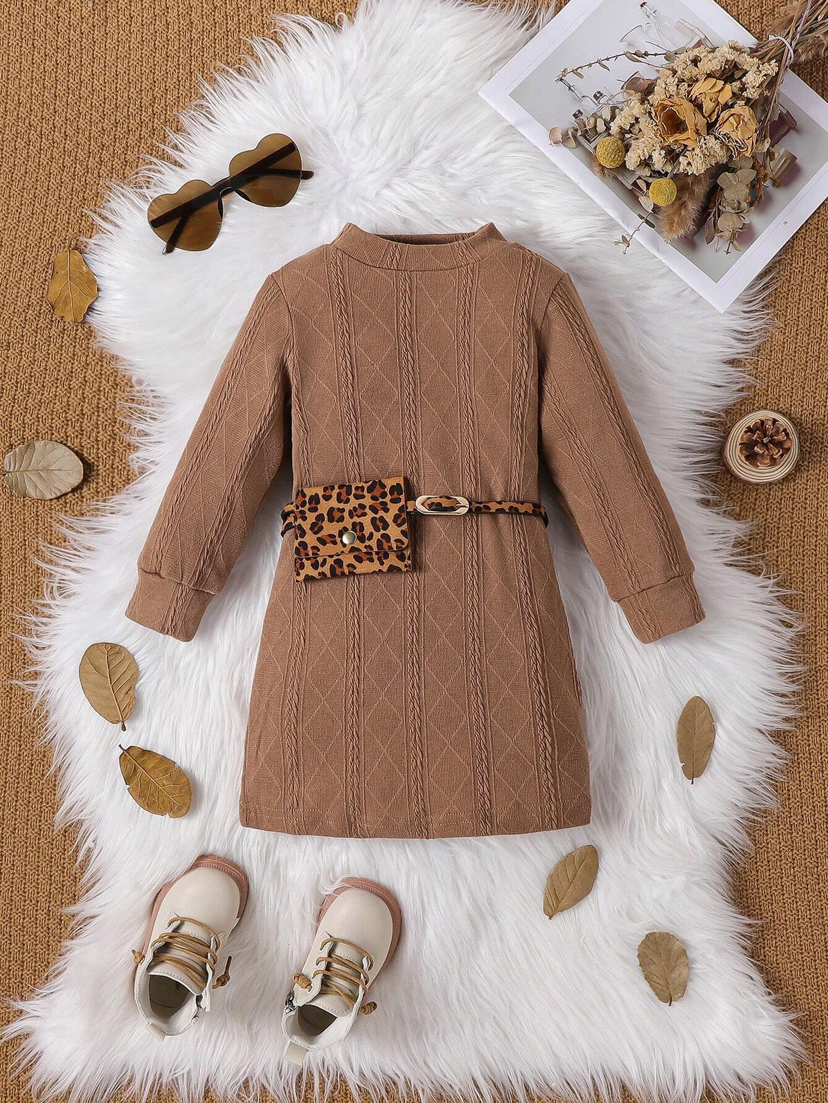Girls Knitted Elegant Long Sleeve Dress With Leopard Print Belt & Bag