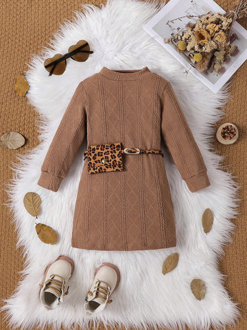 Girls Knitted Elegant Long Sleeve Dress With Leopard Print Belt & Bag