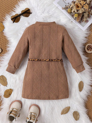 Girls Knitted Elegant Long Sleeve Dress With Leopard Print Belt & Bag