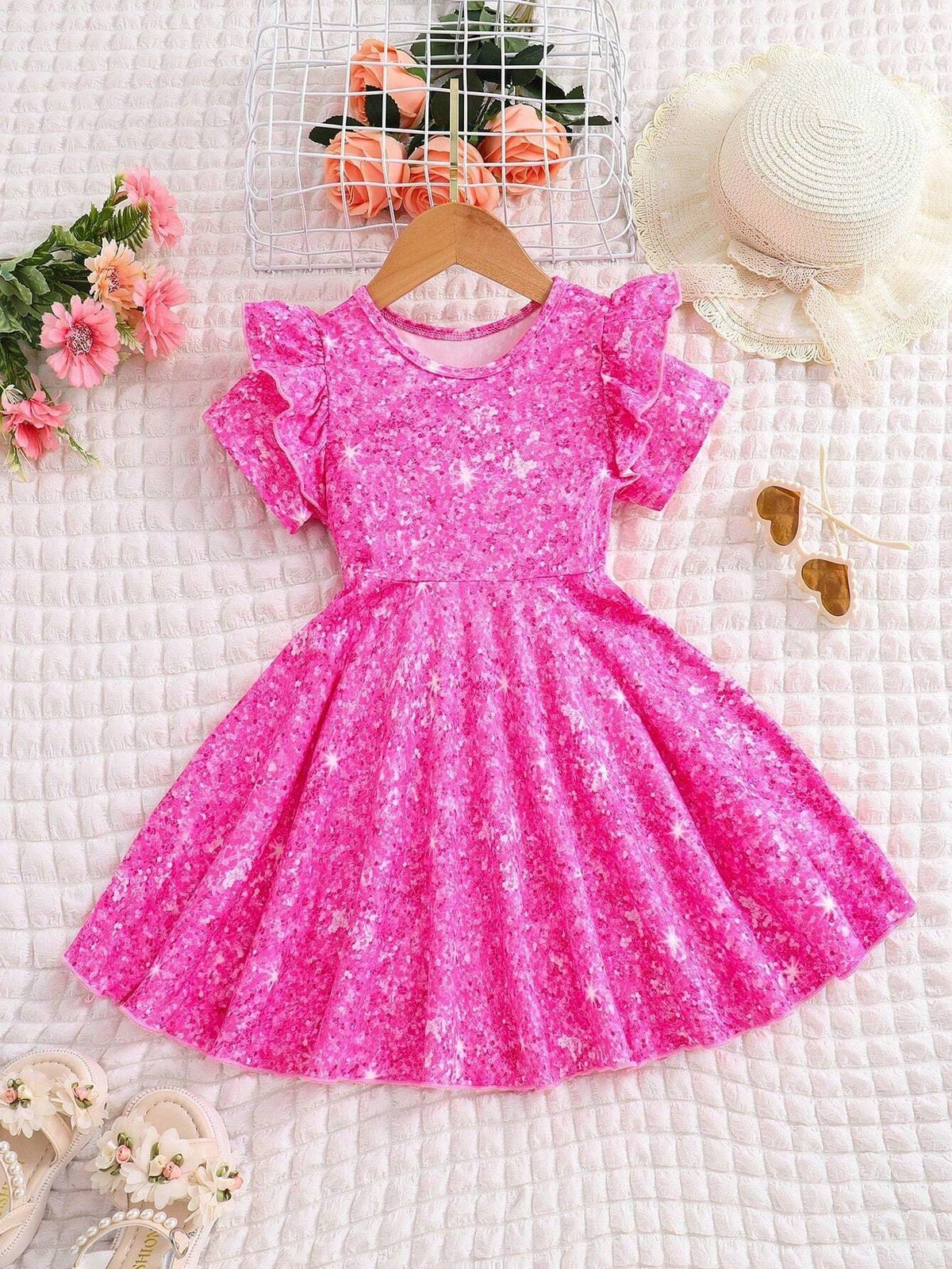 Girls' Knitted Imitation Sparkles Cap Sleeve Dress With Round Neck, Fitted Waist And A-Line Skirt For Party, Spring/Summer