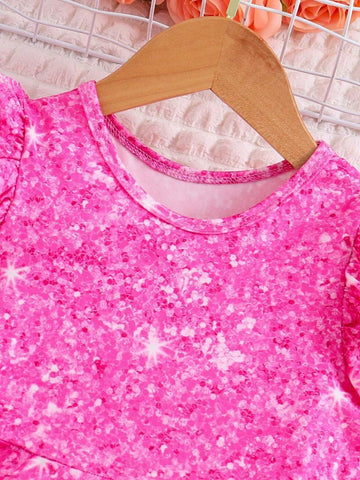 Girls' Knitted Imitation Sparkles Cap Sleeve Dress With Round Neck, Fitted Waist And A-Line Skirt For Party, Spring/Summer
