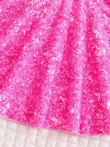 Girls' Knitted Imitation Sparkles Cap Sleeve Dress With Round Neck, Fitted Waist And A-Line Skirt For Party, Spring/Summer