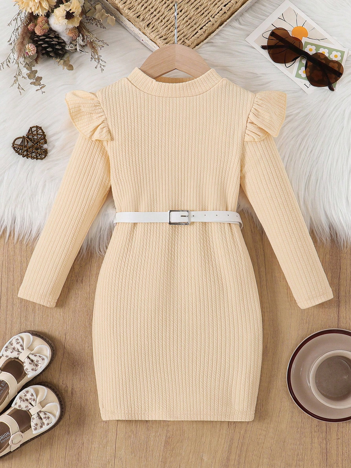 Girls Knitted Long Sleeve Dress, Spring/Autumn, Fashion Minimalist Solid Color Round Neck Long Sleeve Dress With 1pc Belt