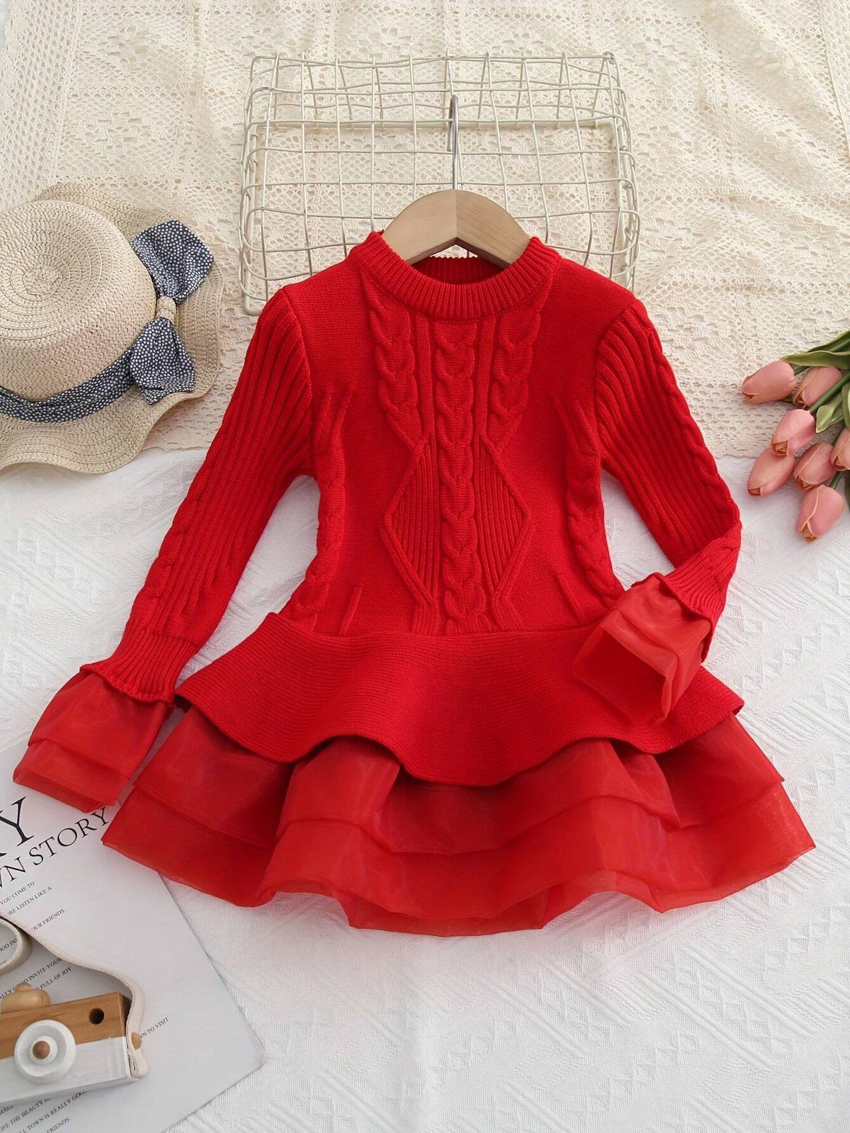 Girls Knitted Long Sleeve Elegant Tulle Princess Sweater Dress For Autumn And Winter