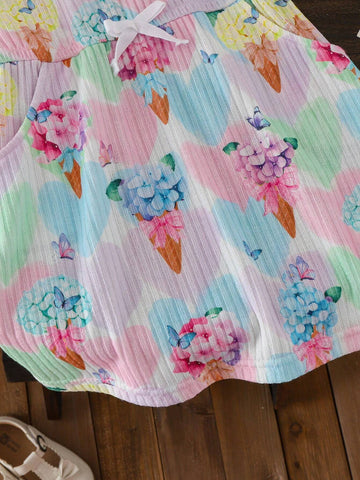 Girls' Knitted Pique Print Dress, Made Of High-Quality Knitted Fabric, Soft And Comfortable Suitable For Children's Activities. Sweet And CuteSuitable For Daily Casual Wear At Home. Suitable For Spring/Summer.