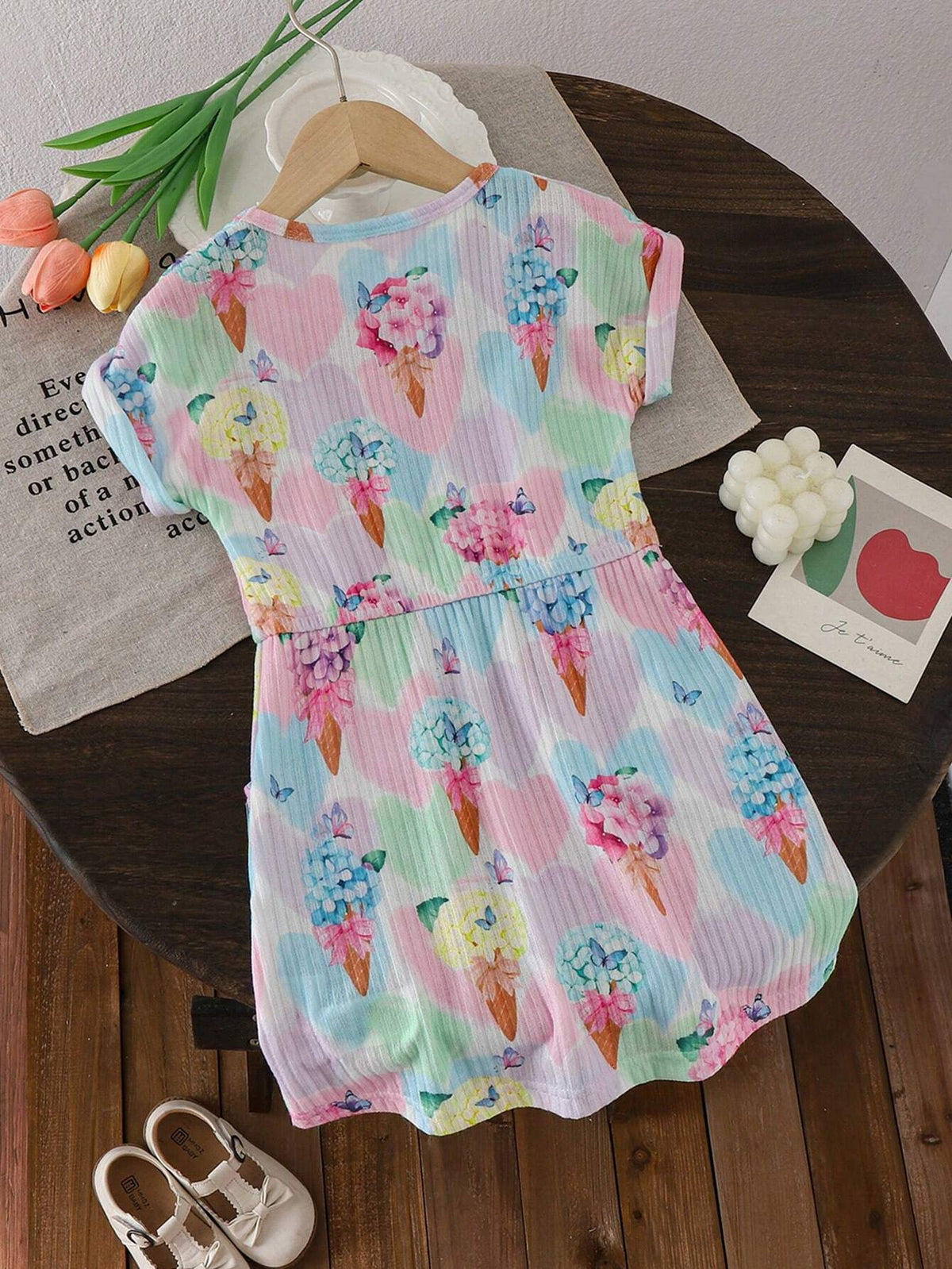 Girls' Knitted Pique Print Dress, Made Of High-Quality Knitted Fabric, Soft And Comfortable Suitable For Children's Activities. Sweet And CuteSuitable For Daily Casual Wear At Home. Suitable For Spring/Summer.