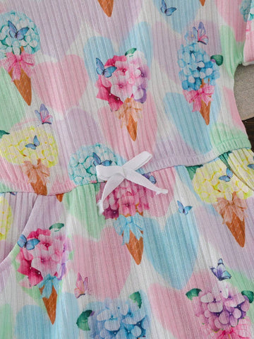 Girls' Knitted Pique Print Dress, Made Of High-Quality Knitted Fabric, Soft And Comfortable Suitable For Children's Activities. Sweet And CuteSuitable For Daily Casual Wear At Home. Suitable For Spring/Summer.