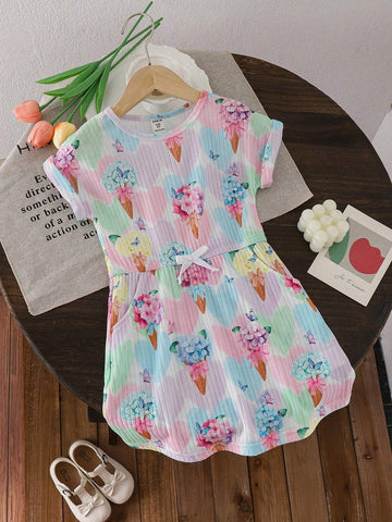 Girls' Knitted Pique Print Dress, Made Of High-Quality Knitted Fabric, Soft And Comfortable Suitable For Children's Activities. Sweet And CuteSuitable For Daily Casual Wear At Home. Suitable For Spring/Summer.