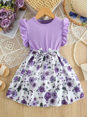 Girls Knitted Rib Panel Floral Print Belted Elegant Princess Party Dress