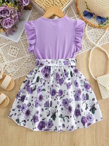 Girls Knitted Rib Panel Floral Print Belted Elegant Princess Party Dress
