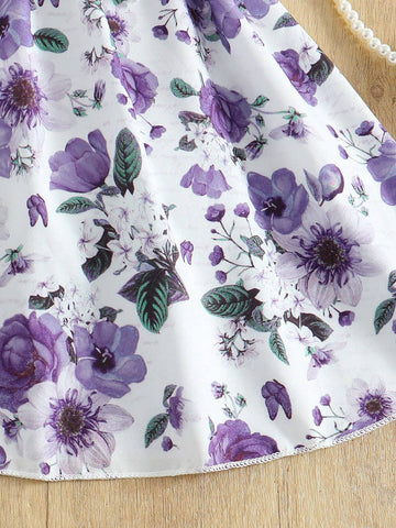 Girls Knitted Rib Panel Floral Print Belted Elegant Princess Party Dress