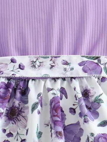 Girls Knitted Rib Panel Floral Print Belted Elegant Princess Party Dress