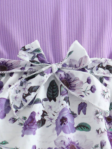 Girls Knitted Rib Panel Floral Print Belted Elegant Princess Party Dress