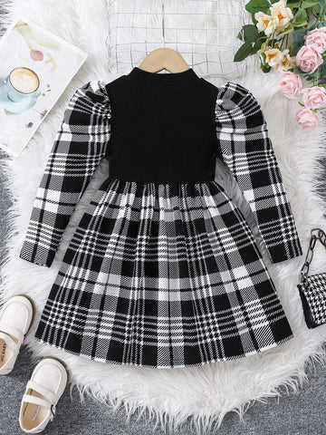 Girls Knitted Round Neck Plaid Splicing Casual Midi Dress