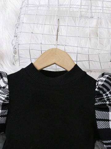 Girls Knitted Round Neck Plaid Splicing Casual Midi Dress