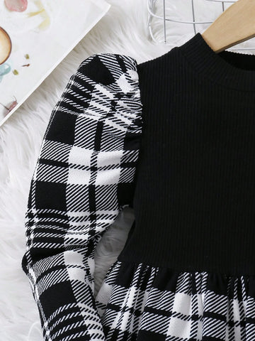 Girls Knitted Round Neck Plaid Splicing Casual Midi Dress
