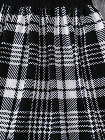 Girls Knitted Round Neck Plaid Splicing Casual Midi Dress