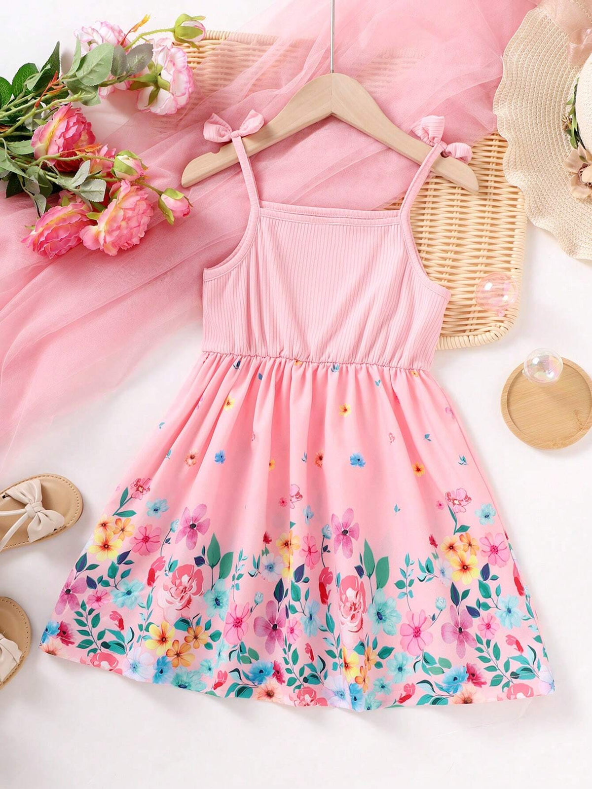 Girls" Knitted Striped Butterfly Strap Dress With Floral Print, Casual & Stylish Dress For Vacation