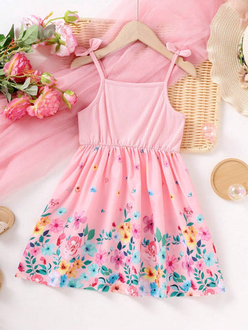Girls" Knitted Striped Butterfly Strap Dress With Floral Print, Casual & Stylish Dress For Vacation
