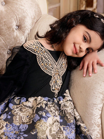 Girls Knitted Top With Mesh Sleeves, Gold Collar Floral Trim, Woven Floral Skirt Bottom, Long Sleeve Elegant Dress