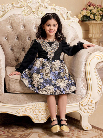 Girls Knitted Top With Mesh Sleeves, Gold Collar Floral Trim, Woven Floral Skirt Bottom, Long Sleeve Elegant Dress