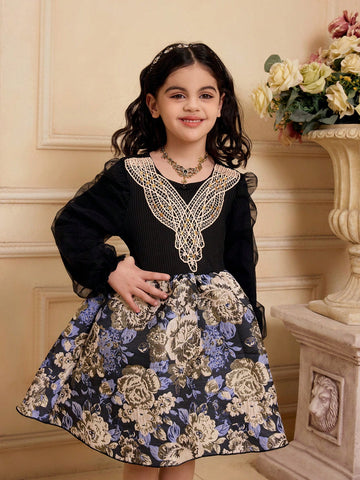Girls Knitted Top With Mesh Sleeves, Gold Collar Floral Trim, Woven Floral Skirt Bottom, Long Sleeve Elegant Dress
