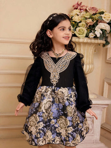 Girls Knitted Top With Mesh Sleeves, Gold Collar Floral Trim, Woven Floral Skirt Bottom, Long Sleeve Elegant Dress