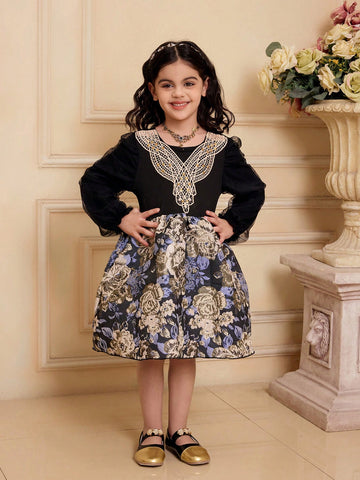 Girls Knitted Top With Mesh Sleeves, Gold Collar Floral Trim, Woven Floral Skirt Bottom, Long Sleeve Elegant Dress