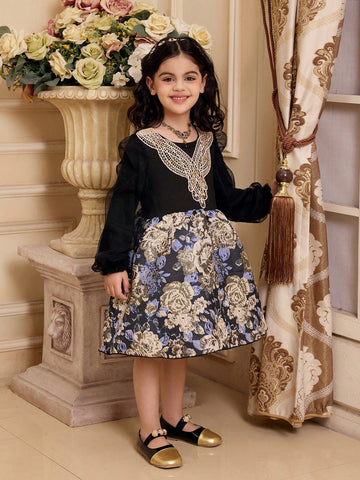 Girls Knitted Top With Mesh Sleeves, Gold Collar Floral Trim, Woven Floral Skirt Bottom, Long Sleeve Elegant Dress