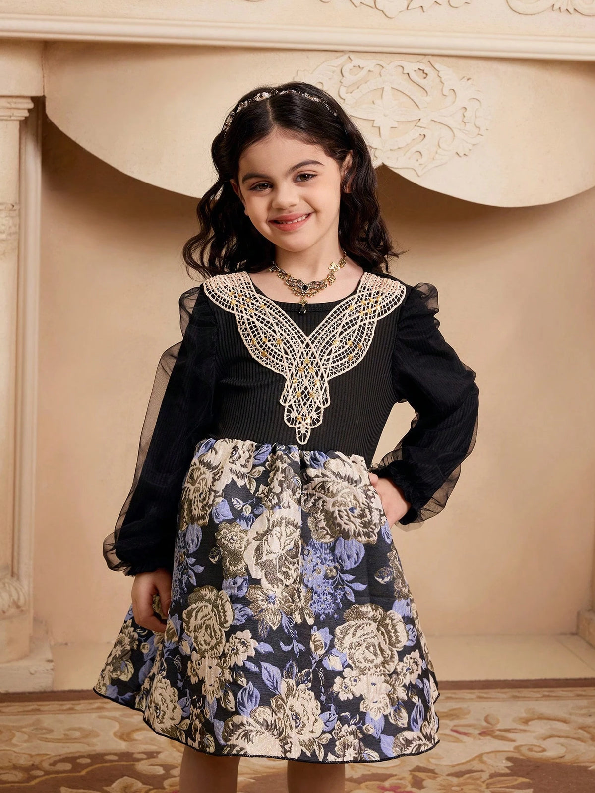 Girls Knitted Top With Mesh Sleeves, Gold Collar Floral Trim, Woven Floral Skirt Bottom, Long Sleeve Elegant Dress