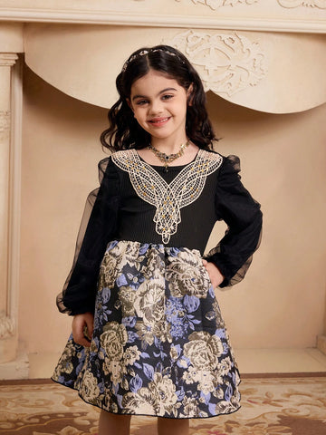 Girls Knitted Top With Mesh Sleeves, Gold Collar Floral Trim, Woven Floral Skirt Bottom, Long Sleeve Elegant Dress