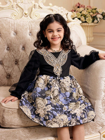 Girls Knitted Top With Mesh Sleeves, Gold Collar Floral Trim, Woven Floral Skirt Bottom, Long Sleeve Elegant Dress