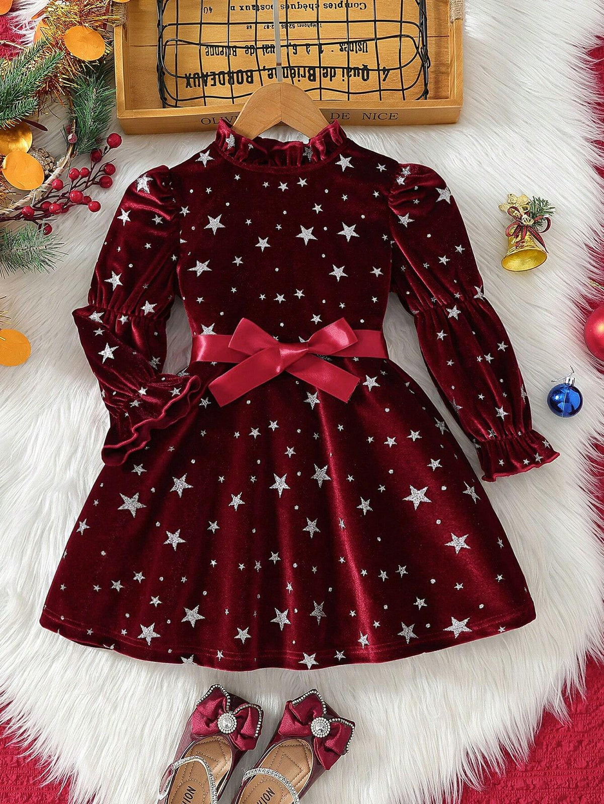 Girls Korean Style Fleece Star Print Ruffle Hem Round Neck Long Sleeve Belted Dress With Waist Tie