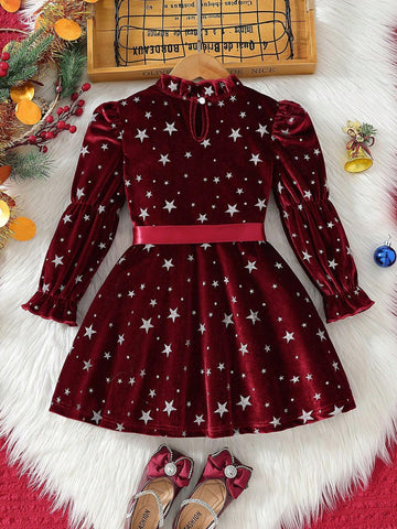 Girls Korean Style Fleece Star Print Ruffle Hem Round Neck Long Sleeve Belted Dress With Waist Tie
