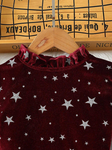 Girls Korean Style Fleece Star Print Ruffle Hem Round Neck Long Sleeve Belted Dress With Waist Tie