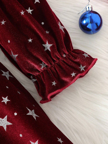 Girls Korean Style Fleece Star Print Ruffle Hem Round Neck Long Sleeve Belted Dress With Waist Tie