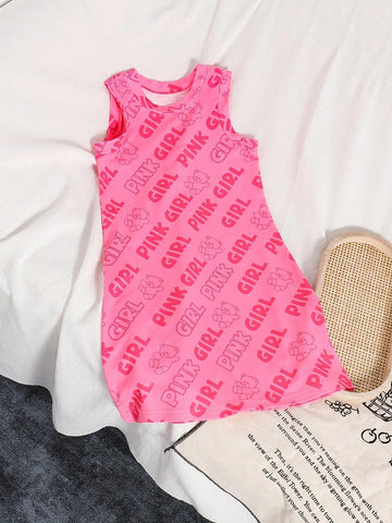 Girls' Korean Style Fun And Cute Pink Letter + Bear Printed Sleeveless Round Neck Dress, Spring/Summer