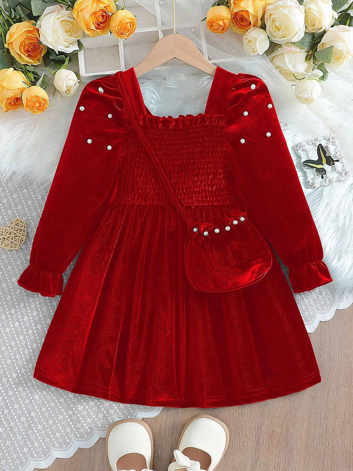 Girls Korean Velvet Collar Ruffle Cuff Pleat Sleeve Pearls Decor Long Sleeve Dress With Purse Bag, Young Girl