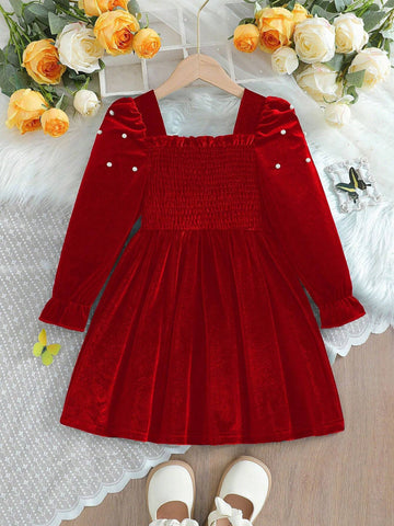Girls Korean Velvet Collar Ruffle Cuff Pleat Sleeve Pearls Decor Long Sleeve Dress With Purse Bag, Young Girl