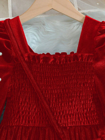 Girls Korean Velvet Collar Ruffle Cuff Pleat Sleeve Pearls Decor Long Sleeve Dress With Purse Bag, Young Girl