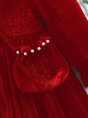Girls Korean Velvet Collar Ruffle Cuff Pleat Sleeve Pearls Decor Long Sleeve Dress With Purse Bag, Young Girl