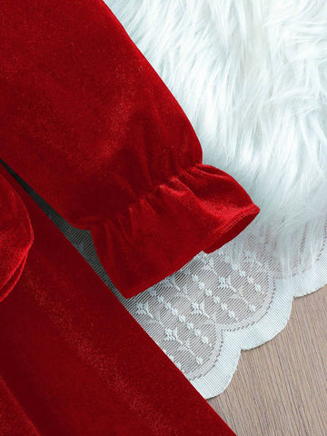 Girls Korean Velvet Collar Ruffle Cuff Pleat Sleeve Pearls Decor Long Sleeve Dress With Purse Bag, Young Girl