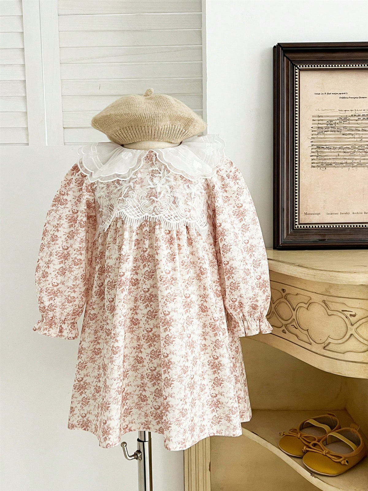 Girls Lace Collar Floral Long Sleeve Knee-Length Casual Dress, Young Lady Style, Spring/Summer